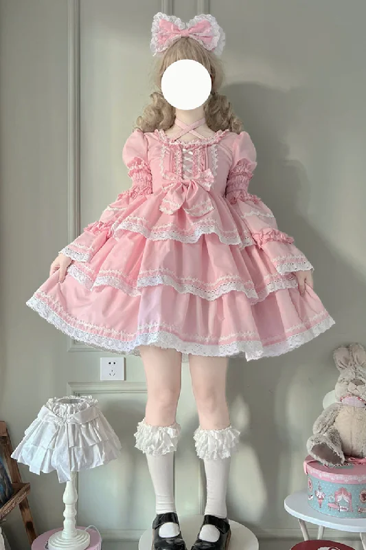 Pink Triple-Layered Detachable Sleeves Bowknot Lace-Up Sweet Lolita Dress