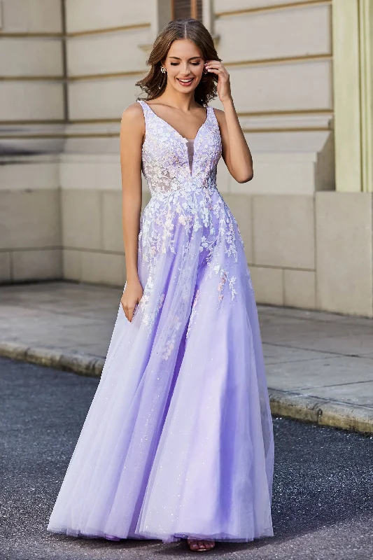 Plunging V-neck Tulle Long Gown