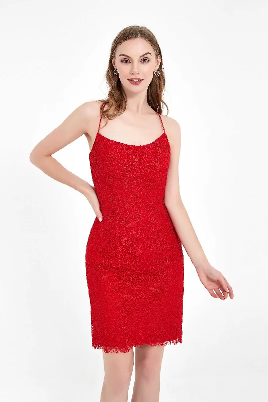 Red Lace Spaghetti Straps Bodycon Dress