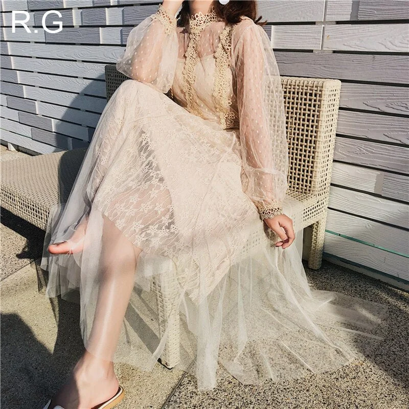 RG Summer Transparent Suits Lace Blouse and Long Skirt Women's Suit 2 Piece Set Casual Style Skirts Suits Women Spring 2023