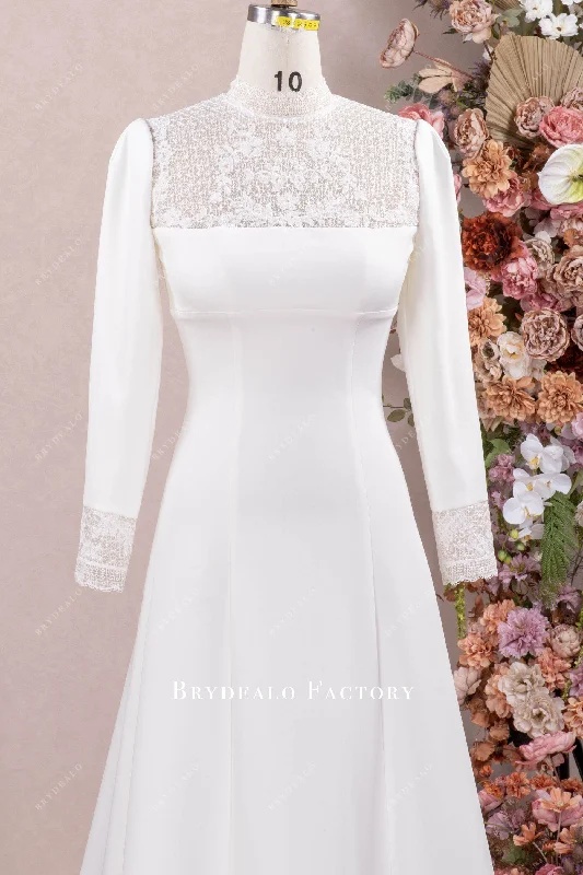 Royal Lace High Neck Long Sleeve Crepe Wedding Gown