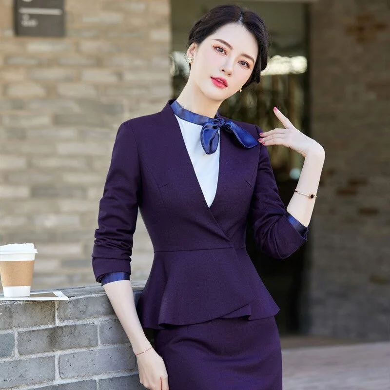 S-4XL Professional Women's Office Suit Skirt Two-piece Spring and Autumn Solid Color Long Sleeve Jacket Casual Half Body