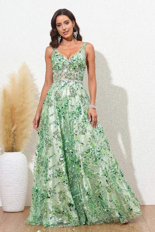 Sleeveless A-line Glitter Lace Floor-Length Dress