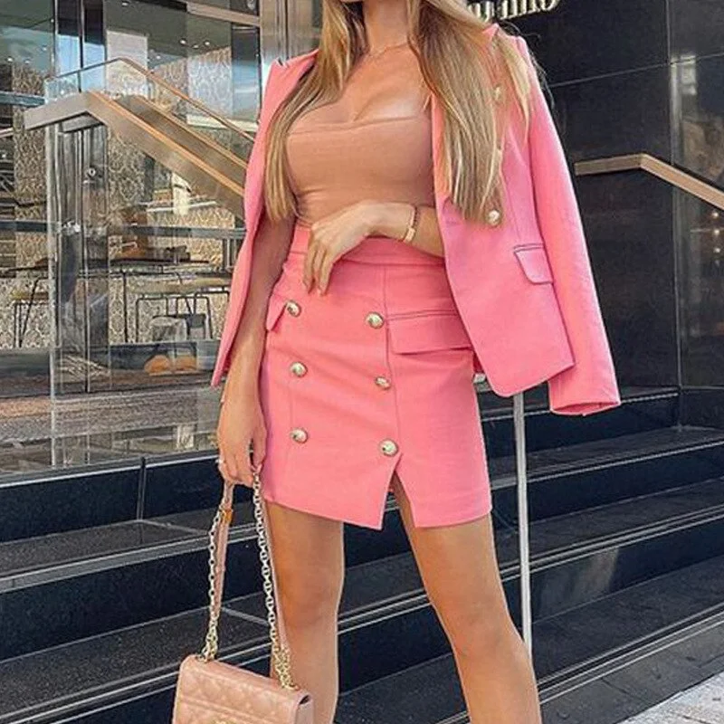 Solid Color Long Sleeve Shirt Suit Office Lady Commute Wear Women Short Skirts 2 Pieces Set Women Casual Suit