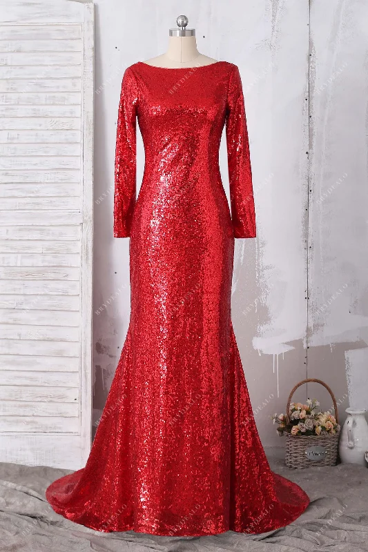 Sparkly Red Sequin Long Sleeve Boat Neck Prom Gown