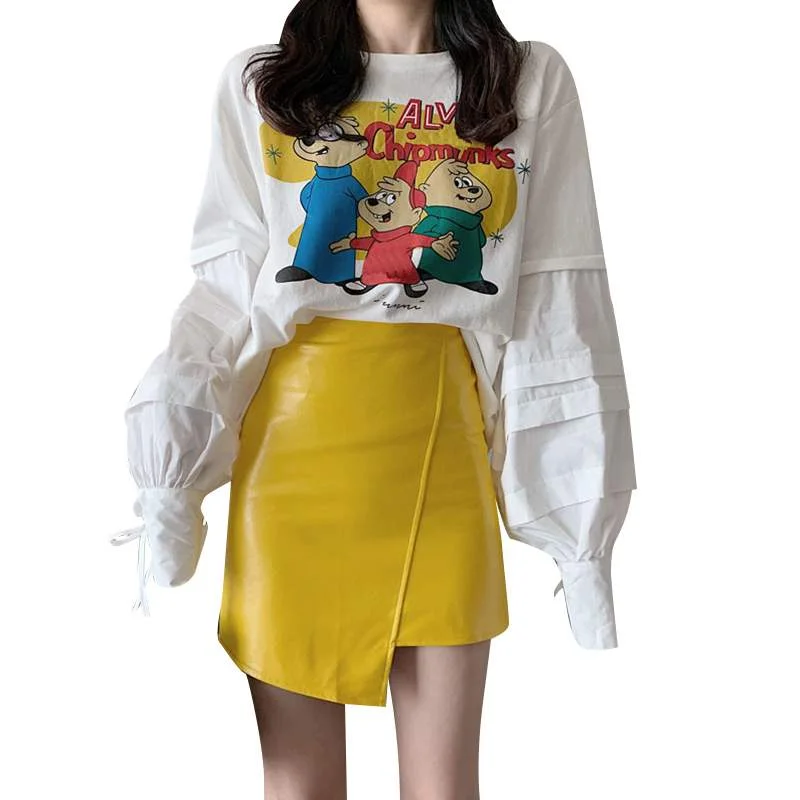 Spring 2 Piece Women  Loose Casual Long Lantern Sleeve Cartoon Tees Blouses Tops And Lemon PU Slim Party Ladies Skirt Suit NS637