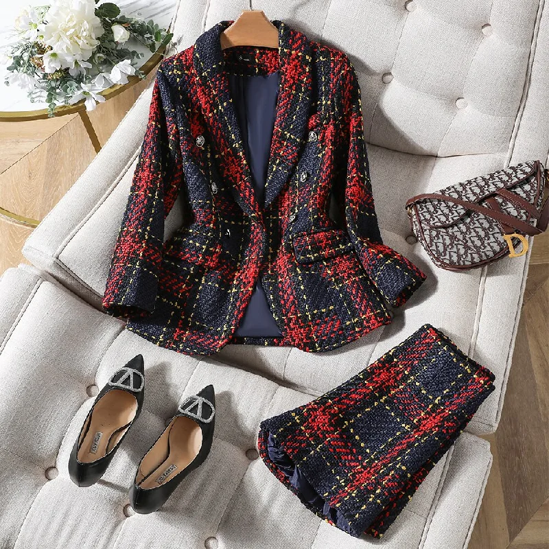 Thick Winter Skirt Suit Women Female Blue Red Plaid Long Sleeve Two Piece Set for Ladies Casual Wear