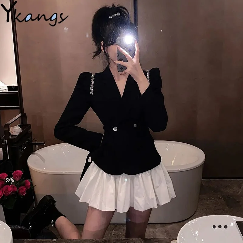 Two Piece Set Autumn Y2k Korean Chic Blazer Women Ladies Long Sleeve Suit Jacket Casual High Waist Pleated Fluffy Skirts