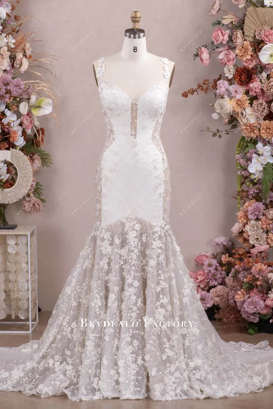 Two-Tone 3D Flower Lace Long Mermaid Wedding Gown