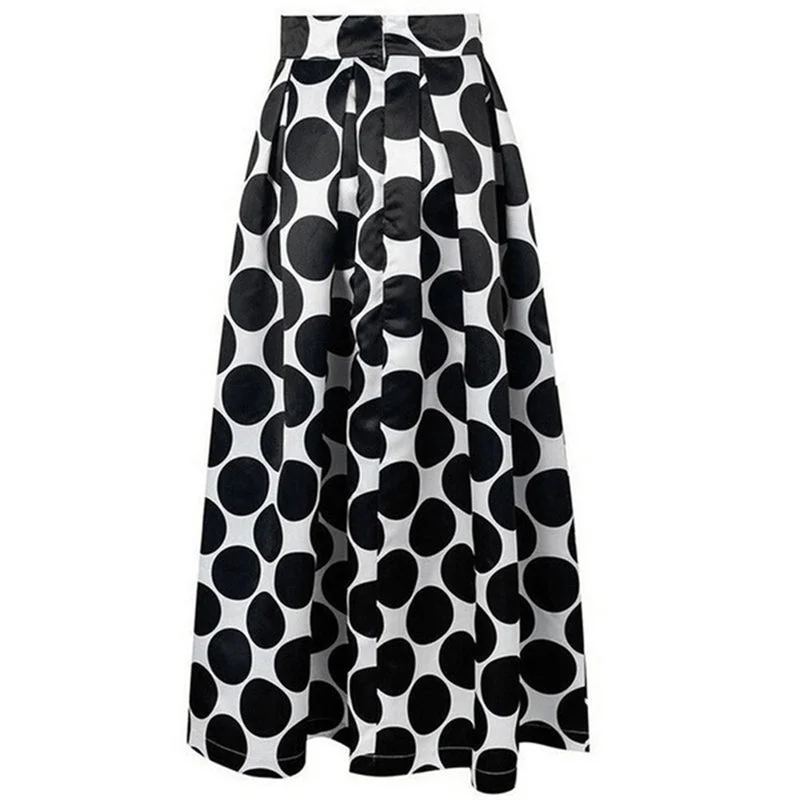 Vintage Skirt High Waist Polka Dots Printed Maxi Fall Casual Elegant Women Long Skirt Black/Blue/Red Pleated Skirt