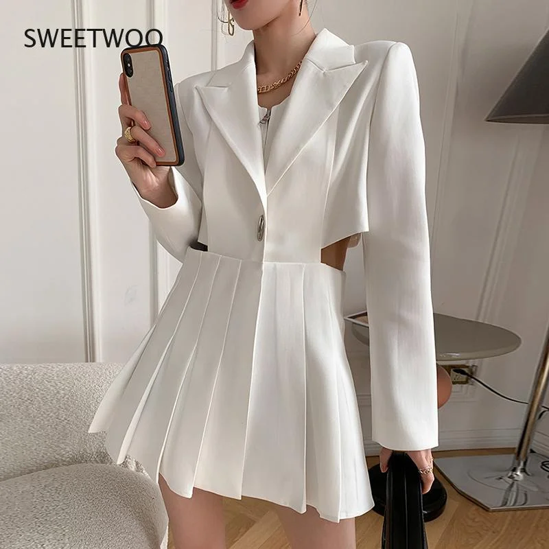 White suit female lapel long-sleeved top pleated skirt hollow casual suit female fall 2023