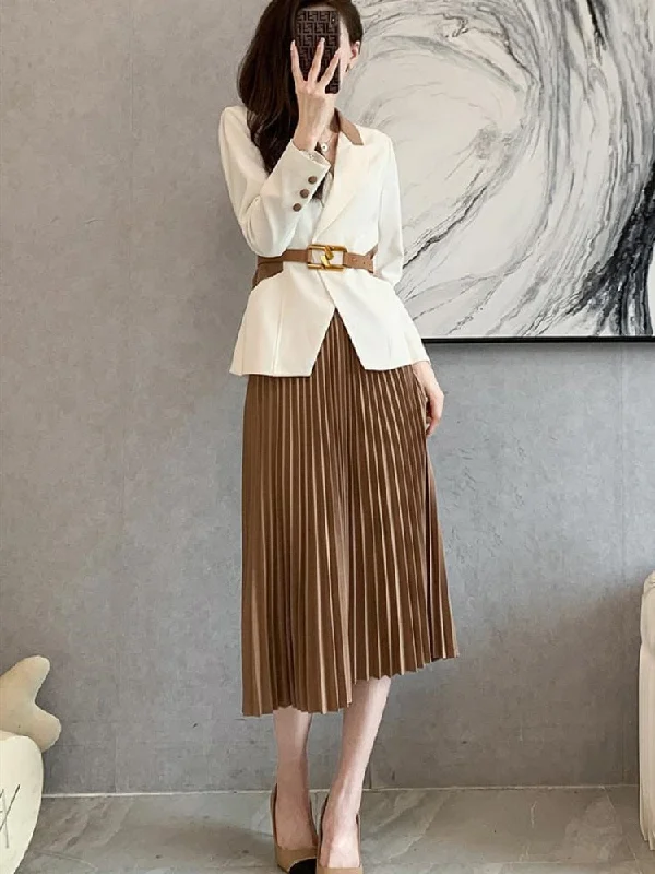 Women's Casual Blazers Skirt Suit 2023 Autumn Korean Elegant Long-sleeved Temperament Waist Slim Suit Tops Pleated Skirt 2 Piece