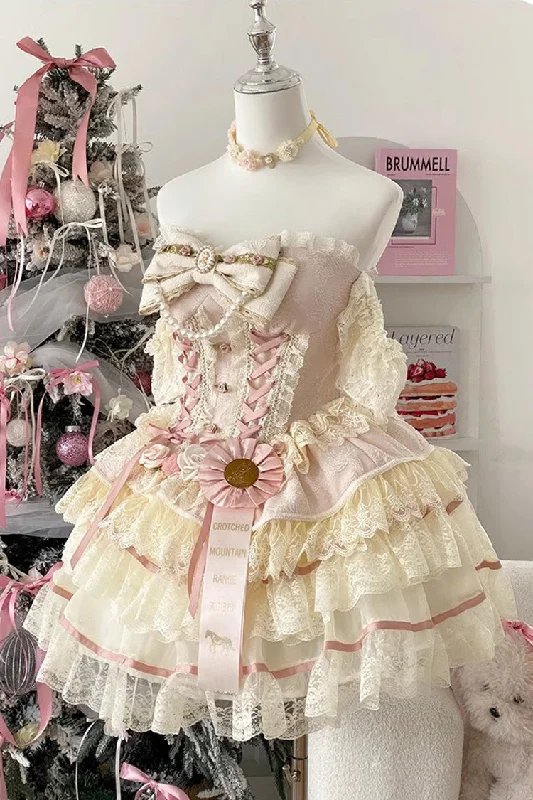 Yellow/Pink Sweet Tea Rose Dew Ruffle Bowknot Lace Sweet Lolita Skirt Dress