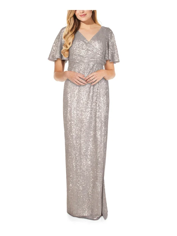 ADRIANNA PAPELL Womens Silver Sequined Zippered Pleated Slitted Draped Short Sleeve Surplice Neckline Full-Length Evening Gown Dress