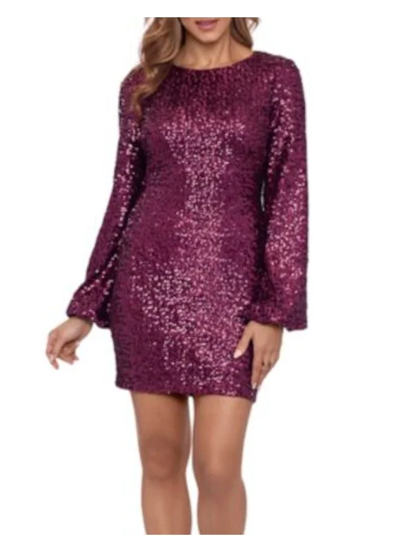 BETSY & ADAM Womens Burgundy Sequined Zippered Back Keyhole Lined Balloon Sleeve Round Neck Above The Knee Cocktail Sheath Dress