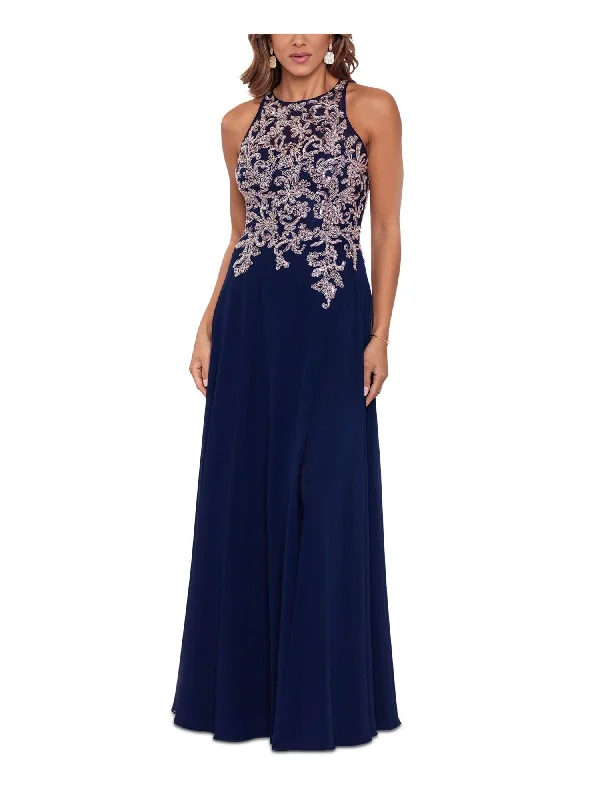 BETSY & ADAM Womens Navy Sequined Zippered Embroidered Lined Sleeveless Round Neck Full-Length Evening Gown Dress