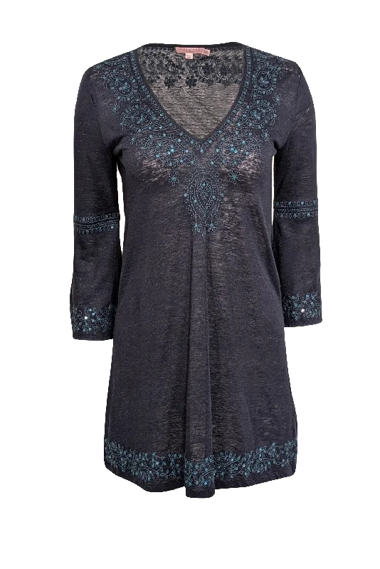 Calypso - Navy Linen Tunic w/ Teal Embroidery & Sequins Sz XS