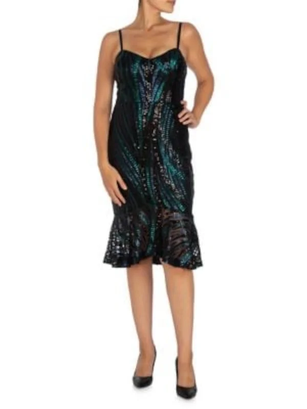 GUESS Womens Green Sequined Zippered Adjustable Straps Sleeveless V Neck Below The Knee Cocktail Mermaid Dress