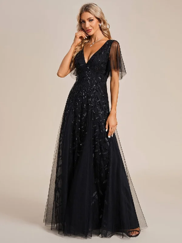 Sally sequin and tulle ball or evening dress with flutter sleeve