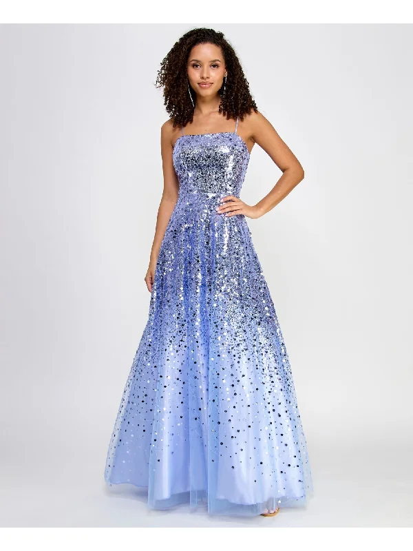 SAY YES TO THE PROM Womens Blue Mesh Sequined Zippered Adjustable Lined Ombre Spaghetti Strap Square Neck Full-Length Prom Gown Dress