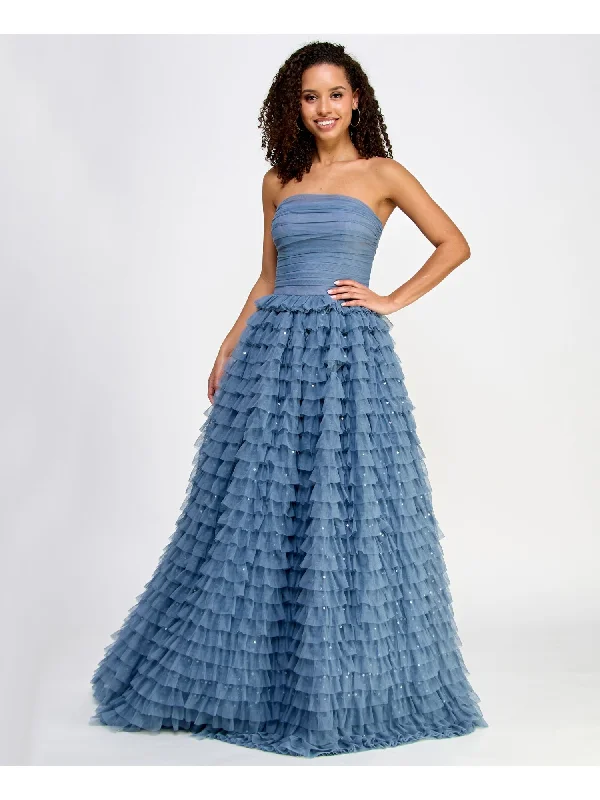 SAY YES TO THE PROM Womens Blue Sequined Zippered Lined Ruched Bodice Tiered Ruffl Sleeveless Strapless Full-Length Formal Gown Dress