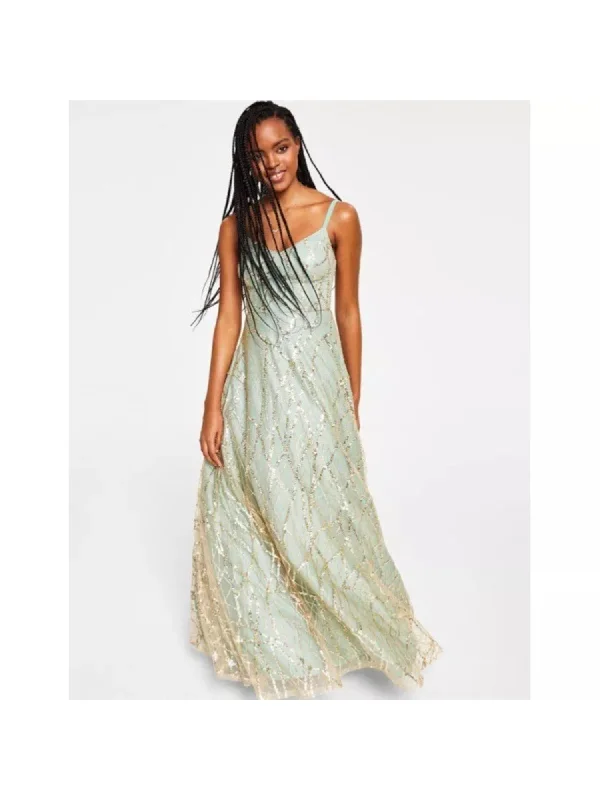 SAY YES TO THE PROM Womens Green Sequined Zippered Glitter Lined Mesh Padded Strap Sleeveless V Neck Full-Length Formal Gown Dress