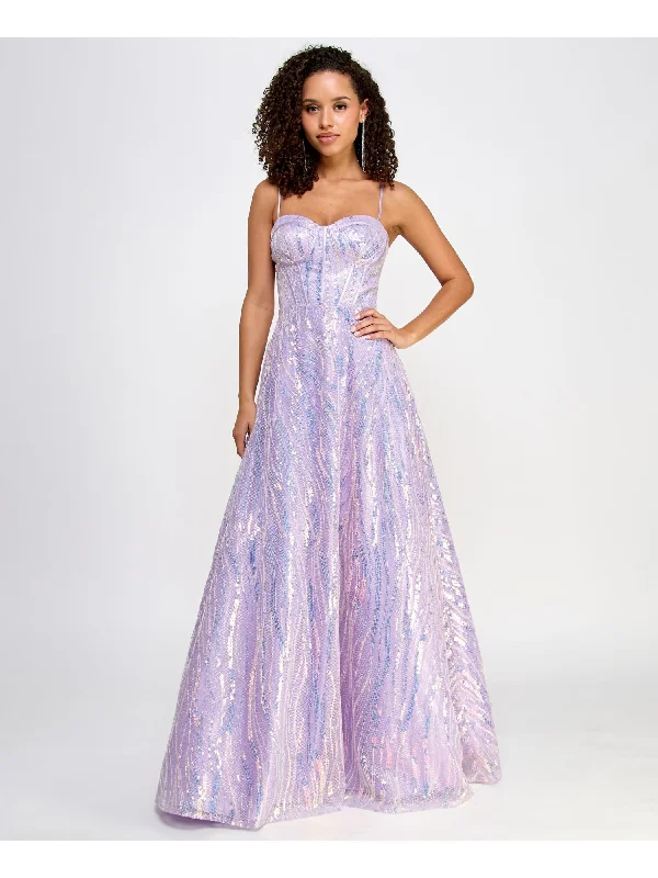 SAY YES TO THE PROM Womens Purple Sequined Zippered Glitter Corset Bodice Padded Tul Spaghetti Strap Sweetheart Neckline Full-Length Formal Gown Dress