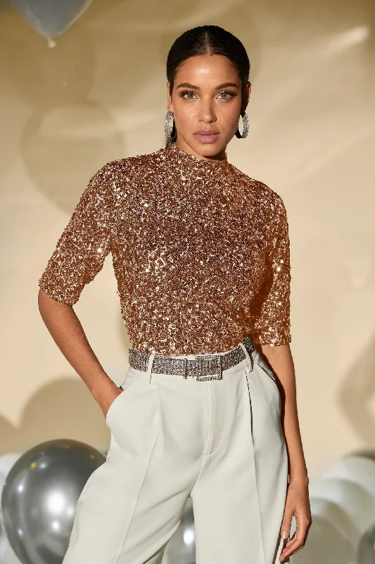 Sequin Mock Neck Elbow Sleeve Top Rose Gold