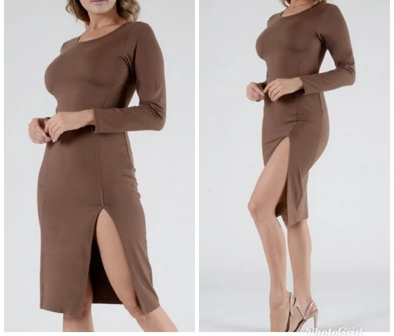 Mocha Lady's Slit Hem Bodycon Dress with Princess Seams