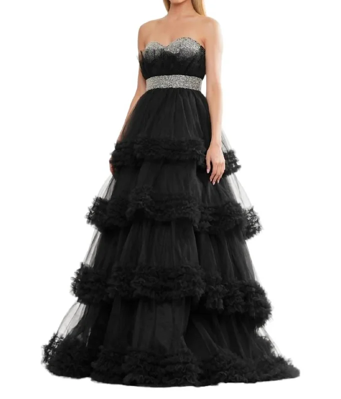 Beaded Ruffled Tulle Dress In Black