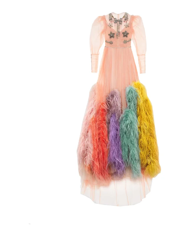 Embroidered Tulle Gown With Feathers