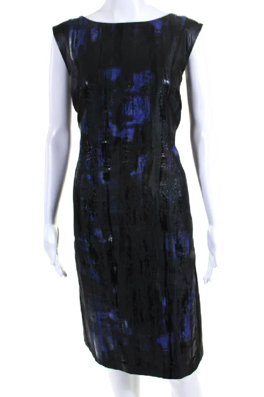 Lafayette 148 New York Womens Black Blue Printed Sleeveless Bodycon Dress