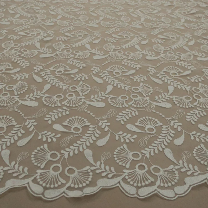 Off White Tulle with White Leaves  Design Double Scallop Embroidered Fabric