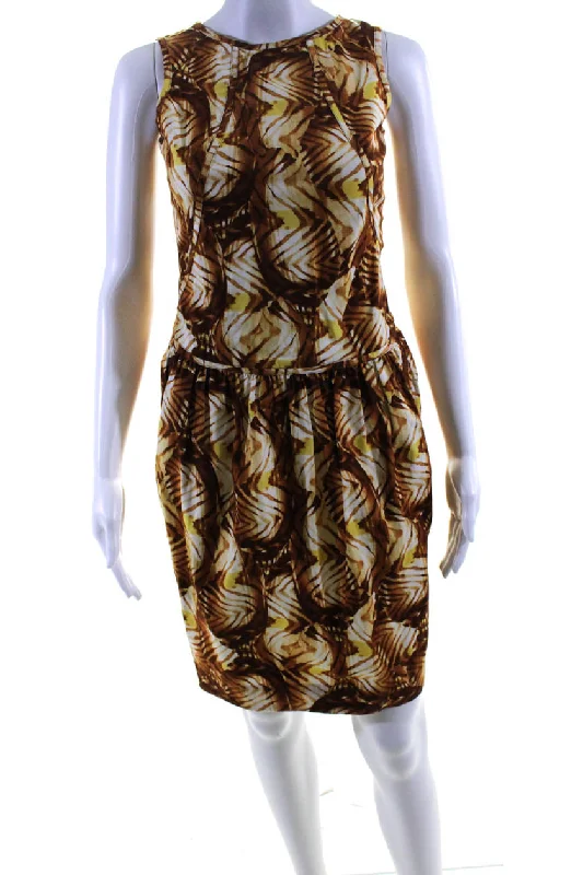 Oscar de la Renta Womens Brown Printed Silk Sleeveless Bodycon Dress