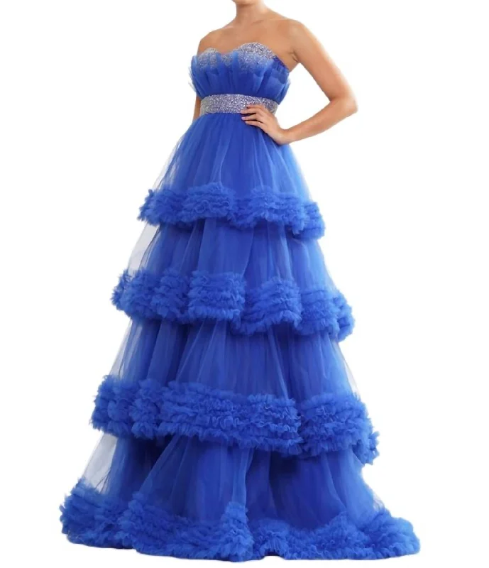 Ruffle Tulle Beaded Mesh Dress In Royal Blue