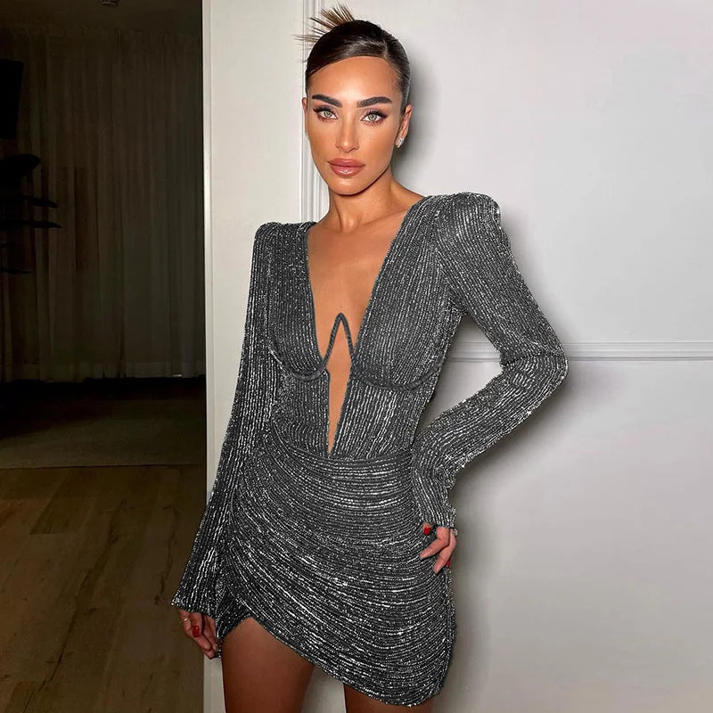 Sexy Deep V-neck Pleated Long Sleeve Bodycon Dress