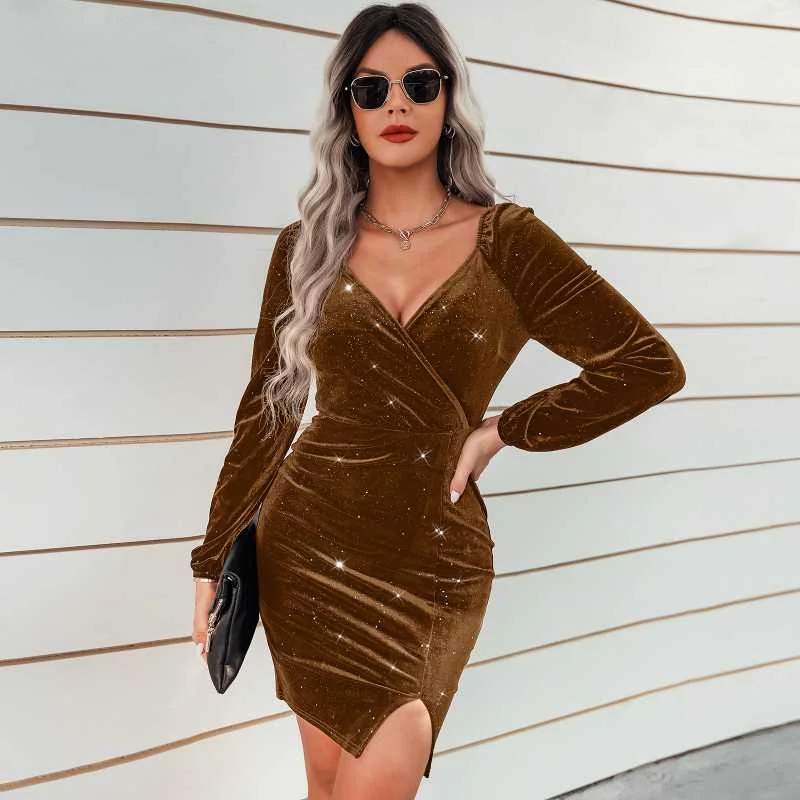 V-neck Velvet Bodycon Dress