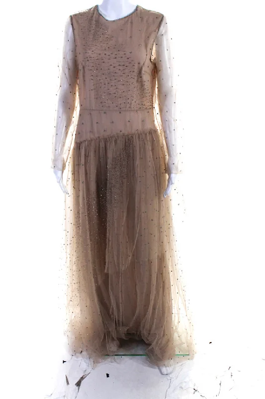 Valentino Womens Nude Tulle Embellished Long Sleeve Evening Gown Dress