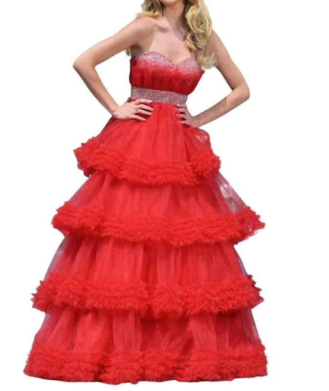 Beaded Ruffle Tulled Dress In Red