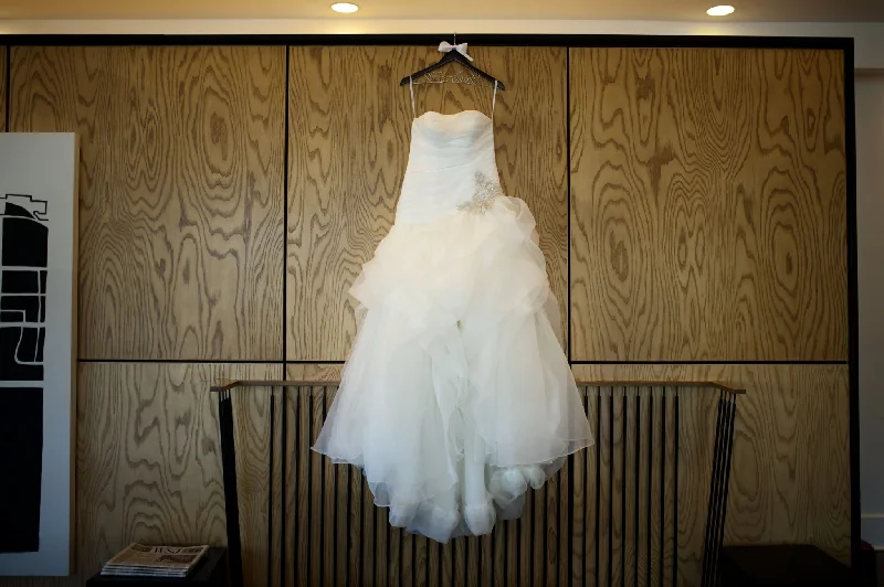 David's Bridal Organza and Tulle High-Low Gown with Beaded Flower