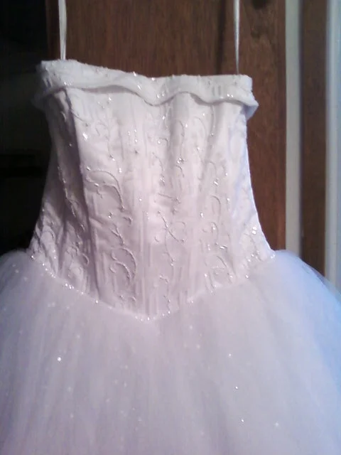 David's Bridal Strapless Tulle Ball Gown with Beaded Satin Bodice